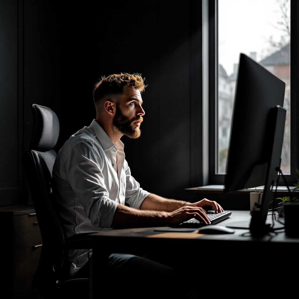 Homem no home office. Análise de funil de vendas com upsell.