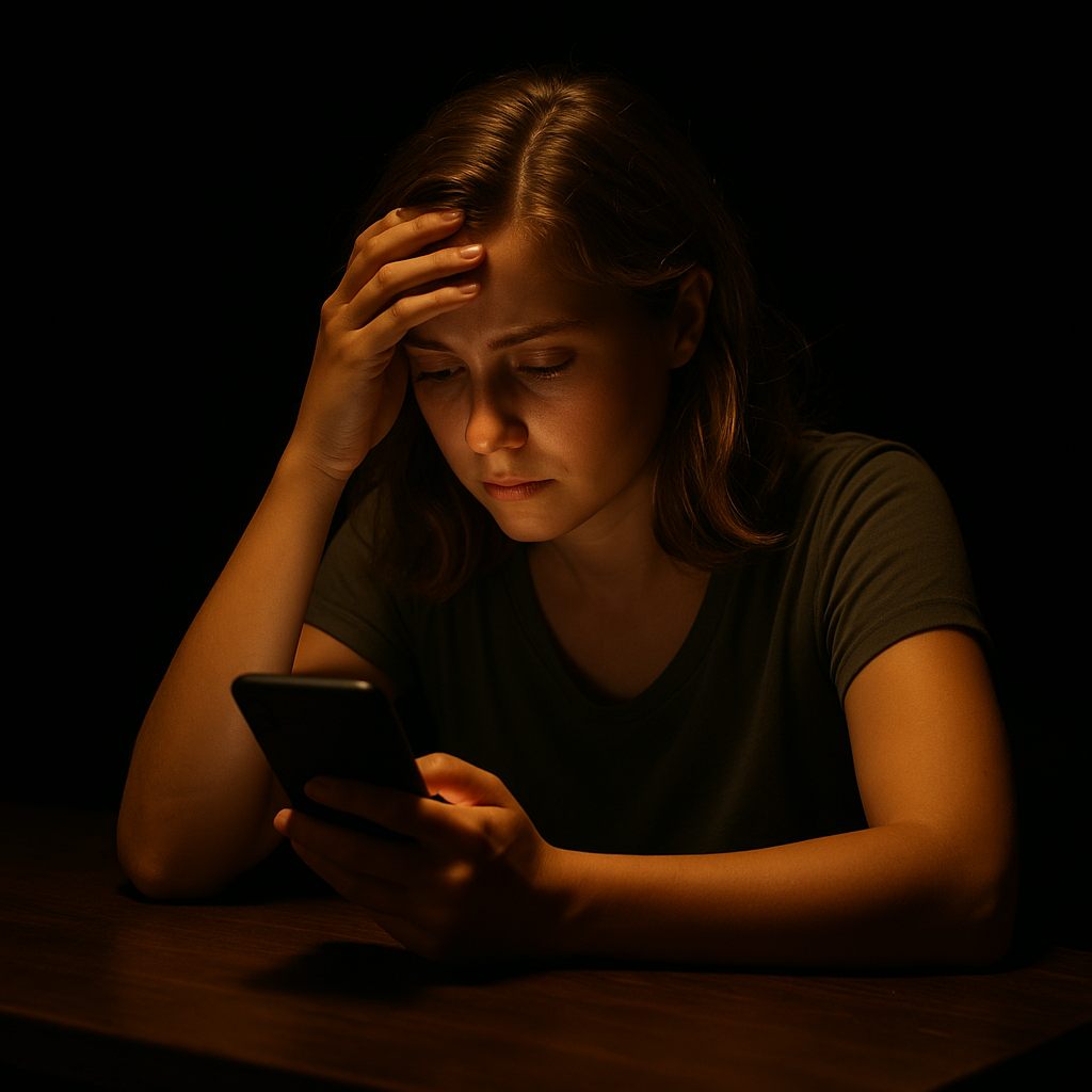 Mulher olhando para a página de vendas no celular.