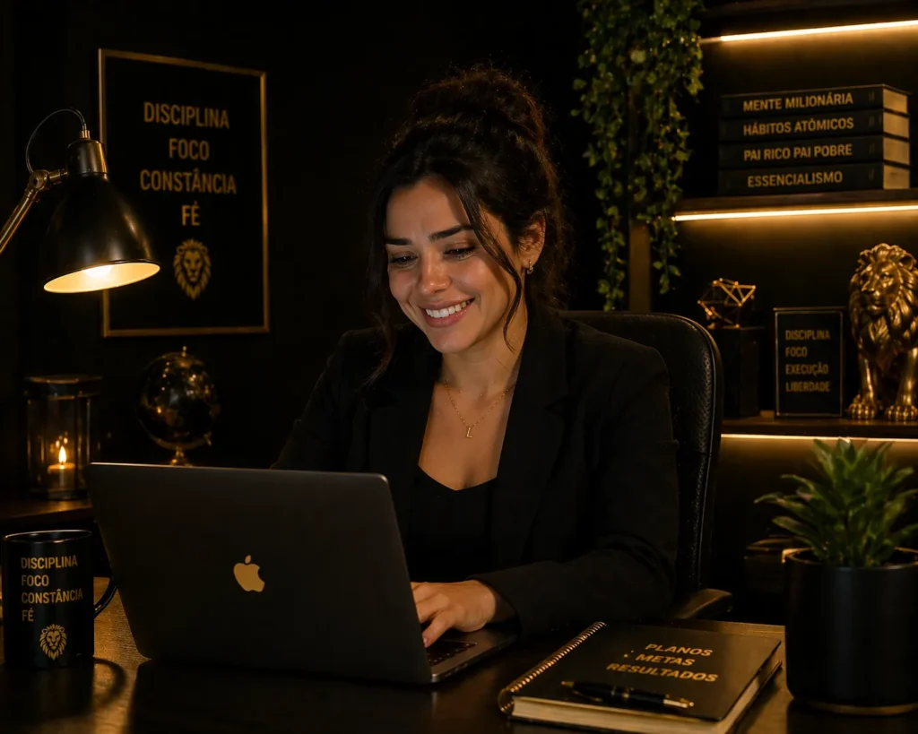 Mulher feliz no home office sem medo de começar no marketing digital